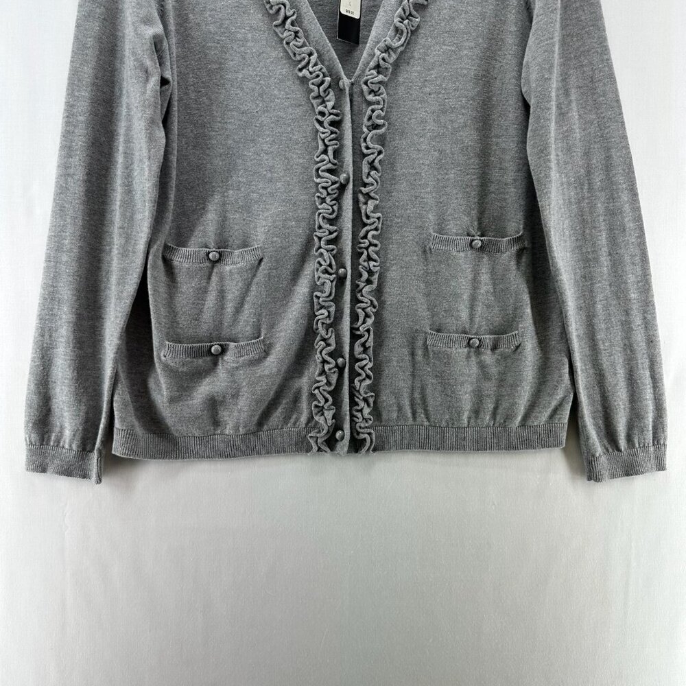 Talbots Cardigan Sweater Womens L Button Up V-Neck Ruffle Placket 4-Pocket Gray - Picture 4 of 12